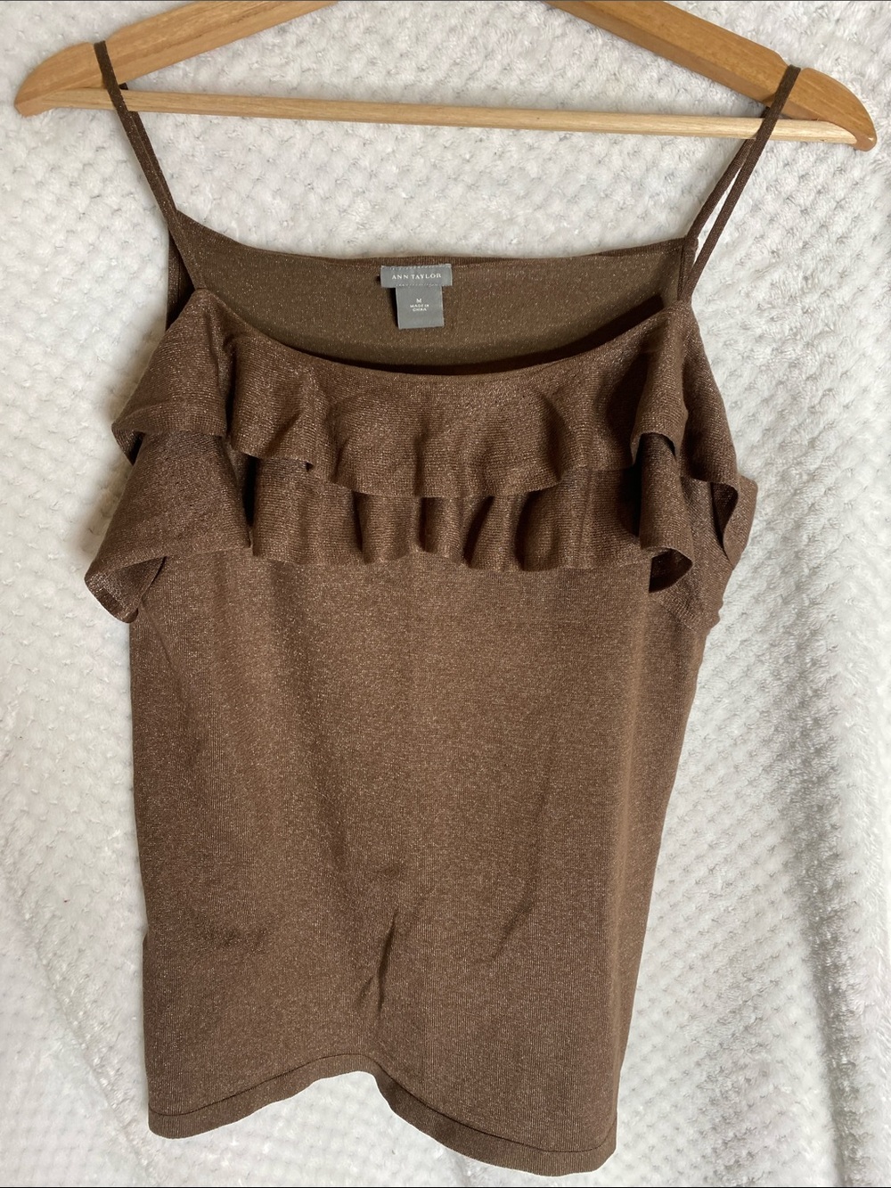 Ann Taylor Brown Shimmering Ruffle Neck Spaghetti Strap Camisole Tank